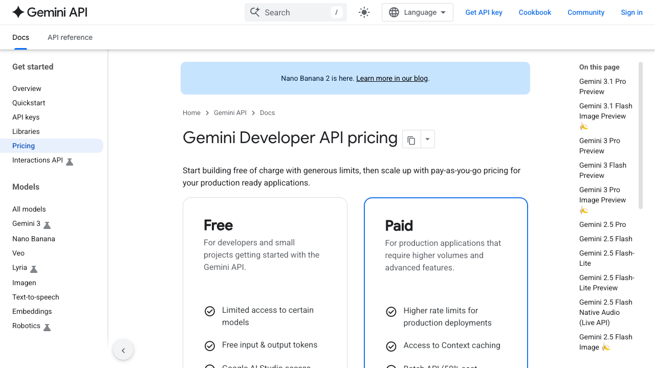 Gemini API pricing page showing free and paid tiers