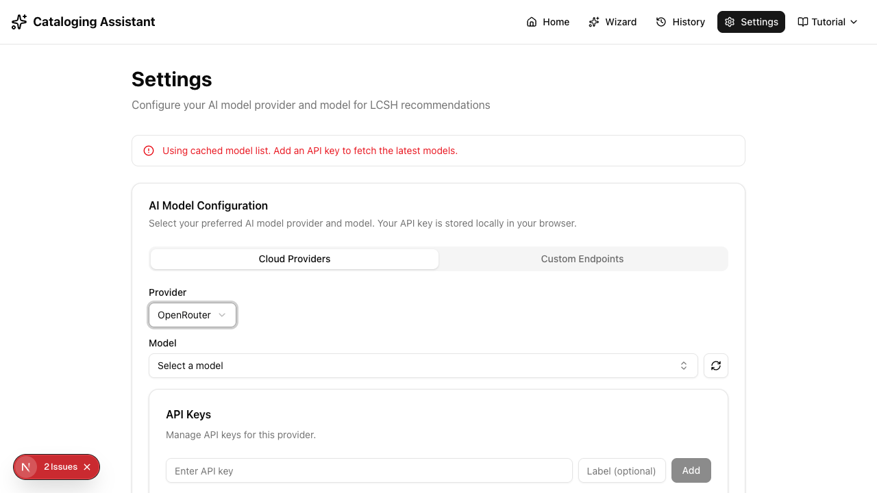 Cataloging Assistant settings page configured with OpenRouter